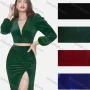 Wholesale Women's Casual V Neck Long Sleeve Plain Crop Top & Skirt Set preview