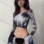 Wholesale Women's Sexy Trumpet Sleeve Allover Print Lettuce Trim Mesh Crop Top Q22TP1462# preview