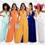 Wholesale Women's Sexy Plain Deep V Neck Crossover Cut Out Wide Leg Floor Length Jumpsuit preview
