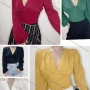 Wholesale Women's Fashion Deep V Neck Long Sleeve Button Decor Ruched Plain Top preview