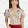 Wholesale Women's Casual V Neck Peplum Poet Sleeve Floral Crop Top 28490# preview