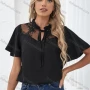 Wholesale Women's Casual Plain Guipure Lace Tie Neck Short Sleeve Blouse preview