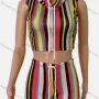 Wholesale Women's Casual Colorblock Striped Sleeveless Drawstring Crop Hoodie & Drawstring Shorts preview