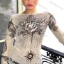 Wholesale Women's Fashion Long Sleeve Mock Neck Tattoo Print Mesh Semi-sheer Crop Top Y21TP475# preview
