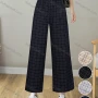 Wholesale Women's Casual Plaid Print Button High Waist Wide Leg Ankle Length Pants preview