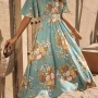 Wholesale Women's Casual Floral Print Wrap V Neck Short Sleeve Shirred Ruffle Hem Midi Dress preview