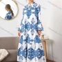 Wholesale Women's Vintage Baroque Allover Print Long Sleeve Ruffle Hem Maxi Dress preview