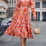 Wholesale Women's Elegant Leaf Print V Neck Long Sleeve Shirred Ruffle Hem Midi Dress preview