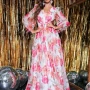 Wholesale Women's Casual V Neck Floral Print High Waist Puff Sleeve Floor Length Cocktail Dress preview