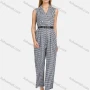 Wholesale Women's Lapel Sleeveless Plaid Buttons Belted Pockets Jumpsuit preview