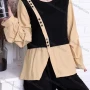 Wholesale Women's Casual 2 In 1 Poet Sleeve Round Neck Button Decor Colorblock Top preview