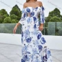 Wholesale Women's Sexy Floral Print Off Shoulder Ruffle Hem Cut Out Ruffle Trim Floor Length Dress preview