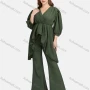 Wholesale Women's Fashion V Neck 3/4 Sleeve Wrap Peplum Ruffle Hem Blouse 2-piece Set preview