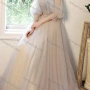 Wholesale Women's Elegant Mesh Puff Sleeve Pleated V Neck Appliques Floor Length Evening Dress preview