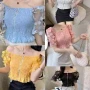 Wholesale Women's Casual Off Shoulder Short Sleeve Zipper Ruffle Hem Ruched Appliques Top preview