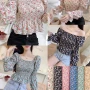 Wholesale Women's Casual Square Neck Poet Sleeve Ruffle Hem Floral Print Top preview