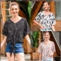Wholesale Women's Casual Allover Print V Neck Half Sleeve Tie Front Blouse preview