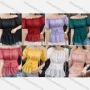 Wholesale Women's Casual Off Shoulder Puff Sleeve Eyelet Embroidered Ruffle Trim Tie Plain Top preview