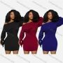 Wholesale Women's Sexy One Shoulder Long Sleeve Plain Short Dress preview