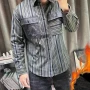 Wholesale Men's Casual Collared Long Sleeve Button Down Flap Pockets Striped Shirt preview