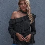 Wholesale Women's Casual Pin Dot Slanted Shoulder Layered Ruffle Trim Long Sleeve Blouse preview