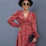 Wholesale Women's Casual Floral Print V Neck Long Sleeve Ruffle Hem Short Dress preview