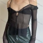 Wholesale Women's Sexy Halter Off Shoulder Split Side Mesh Semi-sheer Top Q21TP300# preview