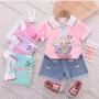 Wholesale Girls Casual Cartoon Graphic Ruffle Trim Short Sleeve Tops & Denim Shorts 2 Piece Set preview