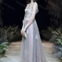 Wholesale Women's Elegant Mesh Flower Embroidery Appliques Pearl Decor Ruffle Trim Backless High Waist Floor Length Evening Dress preview