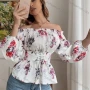 Wholesale Women's Casual Floral Print Ruffle Trim Off Shoulder Lace Up Long Sleeve Blouse preview