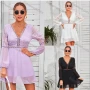 Wholesale Women's Causal V Neck Lantern Sleeve Tiered Mesh Plain Dress preview