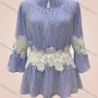 Wholesale Women's Casual Striped Lace Applique Round Neck Ruffle Hem Long Sleeve Blouse preview