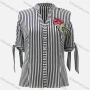 Wholesale Women's Casual Striped Floral Embroidery Notched Neck Rolled Sleeve Lace Up Button Down Blouse preview