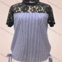Wholesale Women's Casual Striped Guipure Lace Ruffle Neck Short Sleeve Lace Up Blouse preview